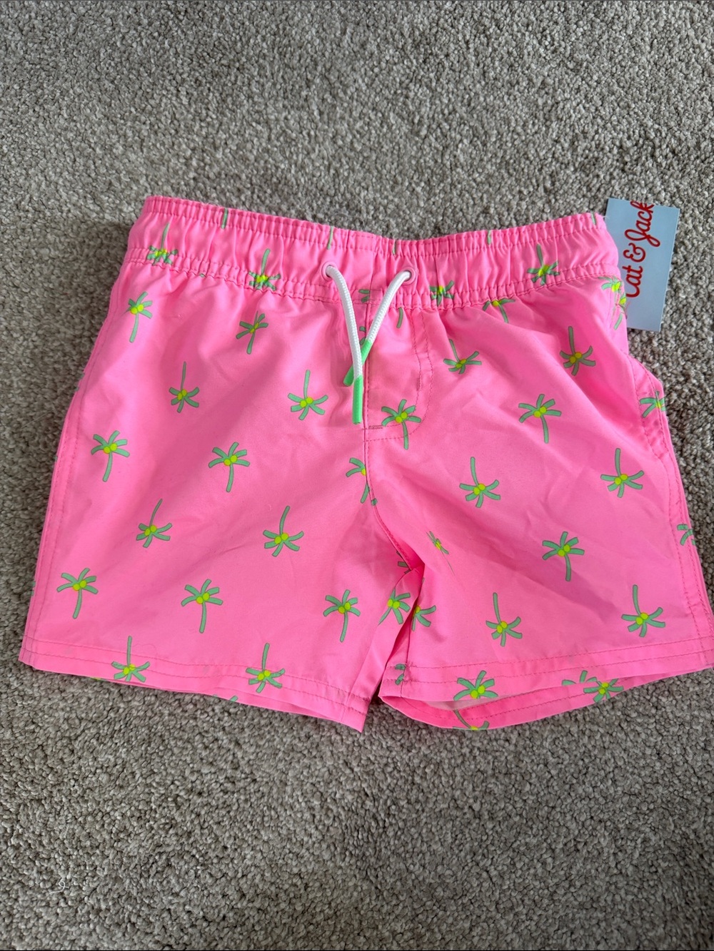 NWT Boys Cat & Jack Neon Pink Palm Print Lined Swim Shorts 3T